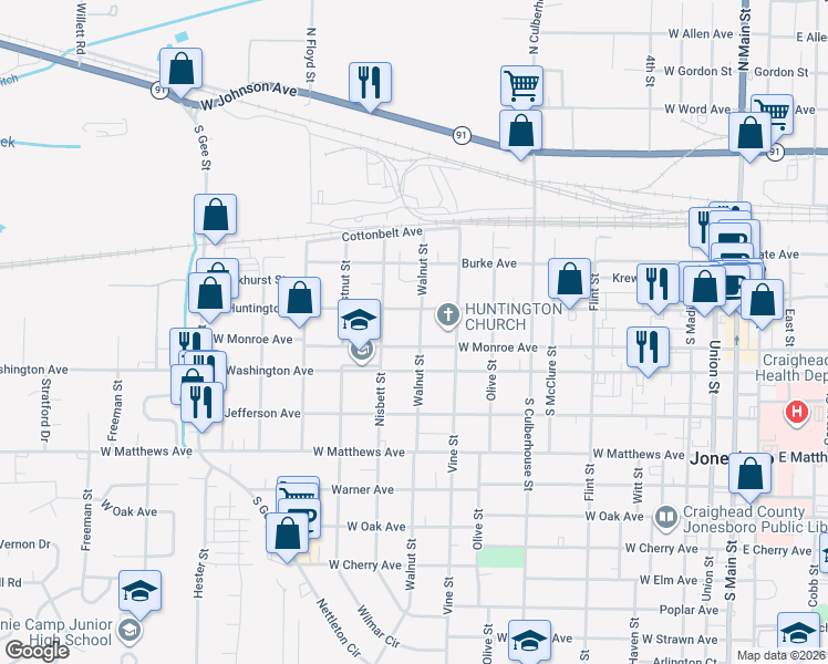 map of restaurants, bars, coffee shops, grocery stores, and more near 926 West Monroe Avenue in Jonesboro