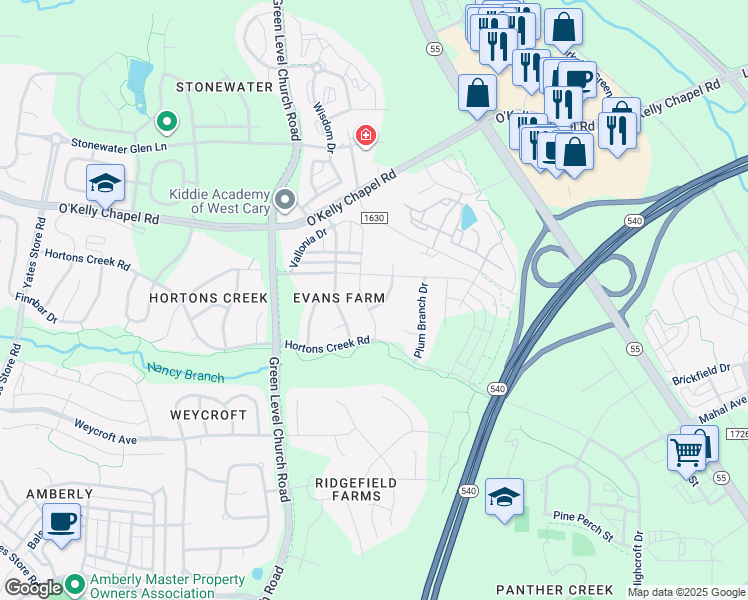 map of restaurants, bars, coffee shops, grocery stores, and more near 4105 Collamer Drive in Cary