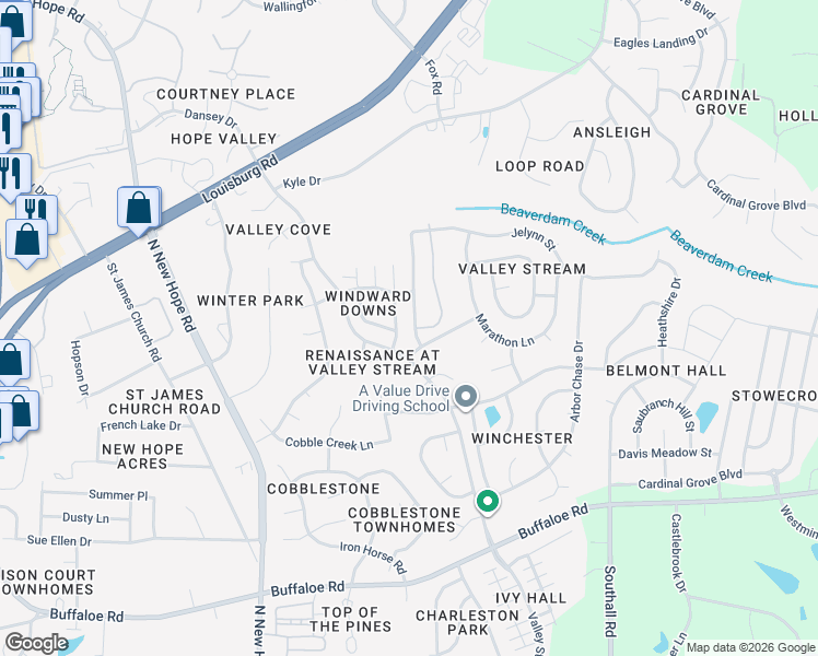 map of restaurants, bars, coffee shops, grocery stores, and more near 4701 Windbreak Lane in Raleigh
