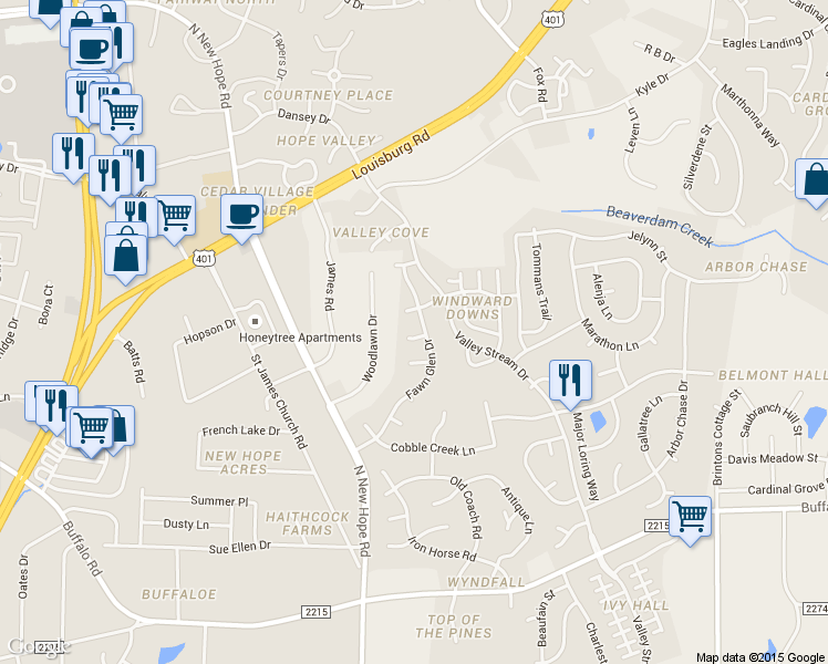 map of restaurants, bars, coffee shops, grocery stores, and more near 4213 Reddington Trail in Raleigh