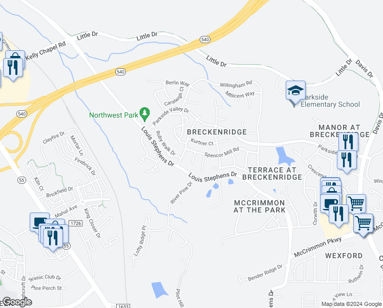 map of restaurants, bars, coffee shops, grocery stores, and more near 601 Spencor Mill Road in Morrisville