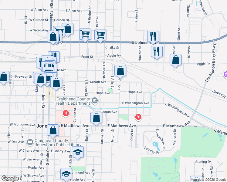 map of restaurants, bars, coffee shops, grocery stores, and more near 314 South Allis Street in Jonesboro