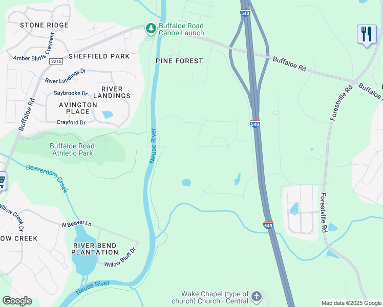 map of restaurants, bars, coffee shops, grocery stores, and more near 7111 Blue Run Lane in Raleigh