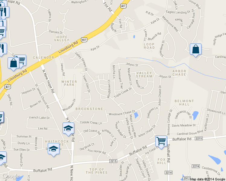 map of restaurants, bars, coffee shops, grocery stores, and more near 4701 Windbreak Lane in Raleigh