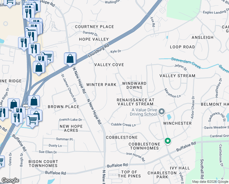 map of restaurants, bars, coffee shops, grocery stores, and more near 4304 Woodlawn Drive in Raleigh