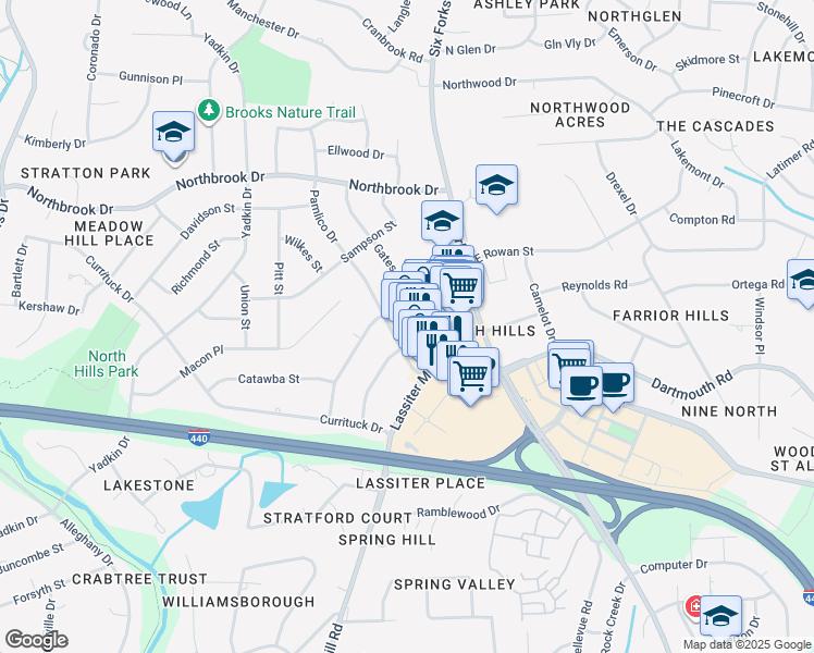 map of restaurants, bars, coffee shops, grocery stores, and more near 4209 Lassiter Mill Road in Raleigh