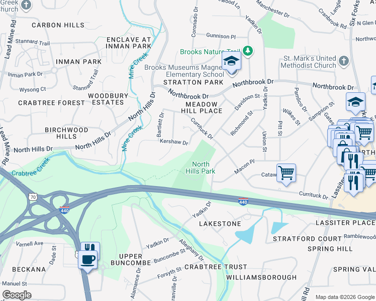 map of restaurants, bars, coffee shops, grocery stores, and more near 1201 Kershaw Drive in Raleigh