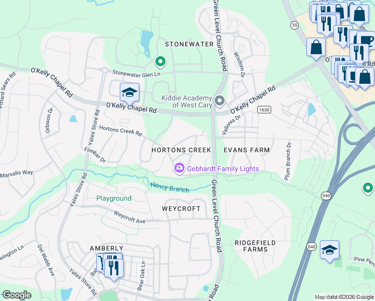 map of restaurants, bars, coffee shops, grocery stores, and more near 402 Village Orchard Road in Cary