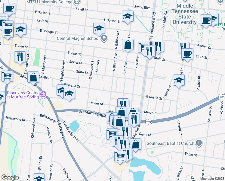 map of restaurants, bars, coffee shops, grocery stores, and more near 326 South Bilbro Avenue in Murfreesboro