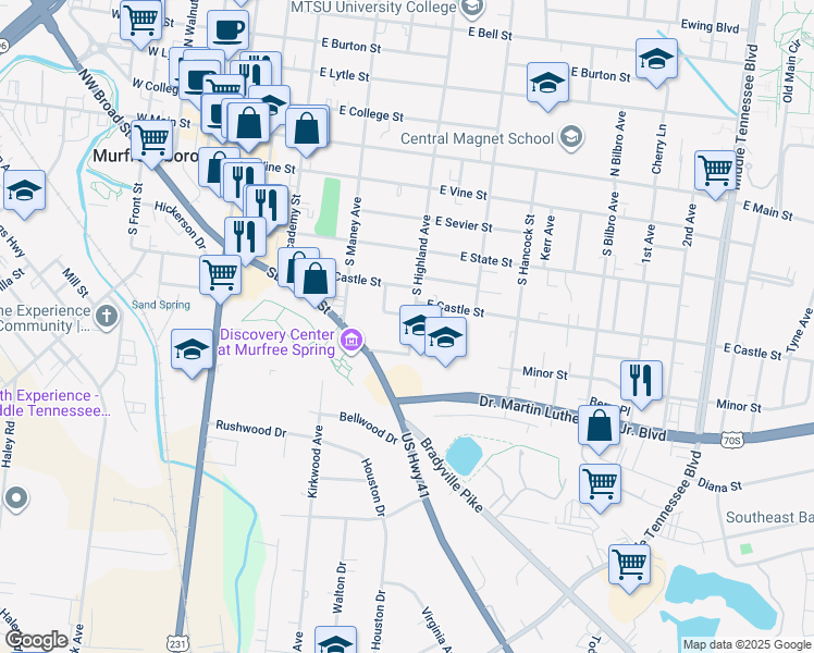 map of restaurants, bars, coffee shops, grocery stores, and more near 610 South Highland Avenue in Murfreesboro
