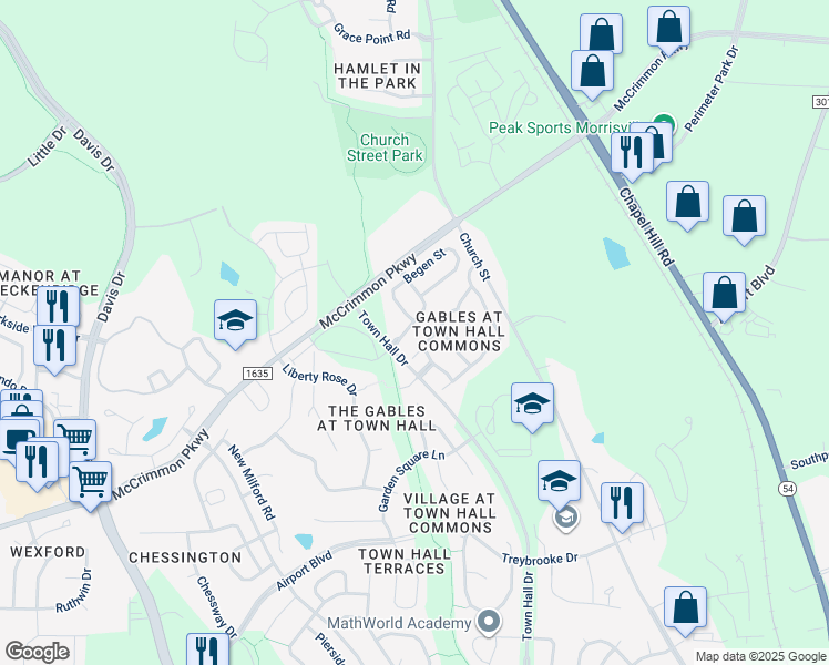 map of restaurants, bars, coffee shops, grocery stores, and more near 124 Concordia Woods Drive in Morrisville