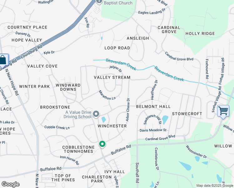 map of restaurants, bars, coffee shops, grocery stores, and more near 5001 Marathon Lane in Raleigh