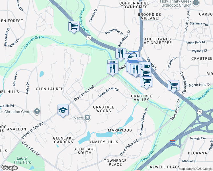 map of restaurants, bars, coffee shops, grocery stores, and more near 4801 Edwards Mill Road in Raleigh