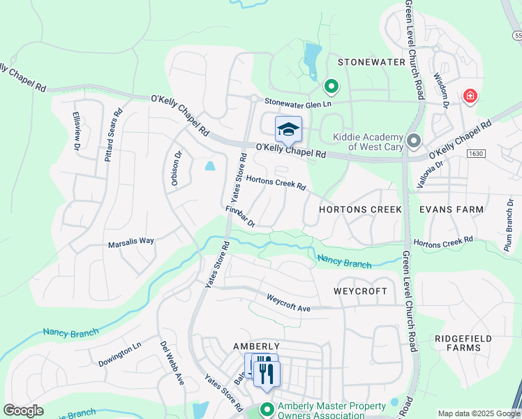 map of restaurants, bars, coffee shops, grocery stores, and more near 2213 Rocky Bay Court in Cary