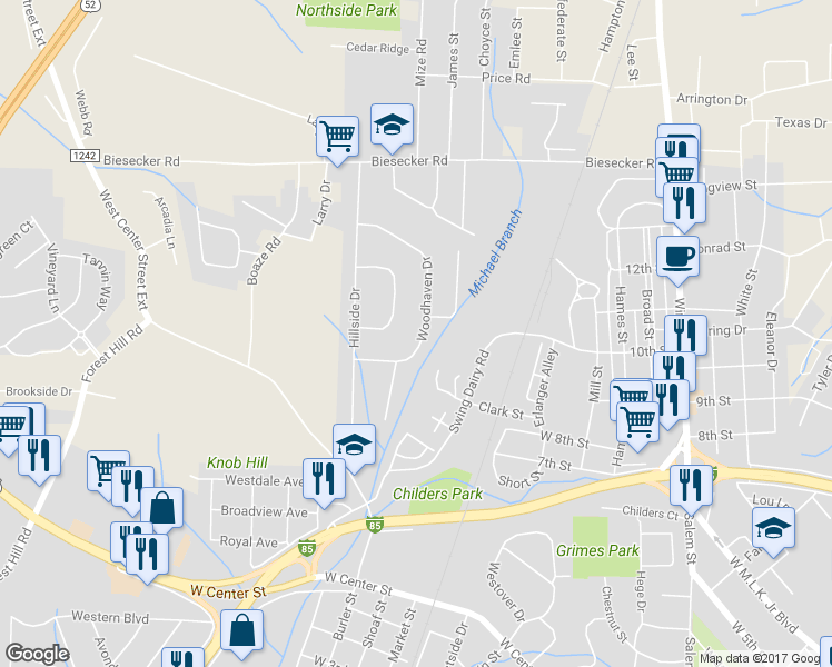 map of restaurants, bars, coffee shops, grocery stores, and more near 108 Woodhaven Drive in Lexington