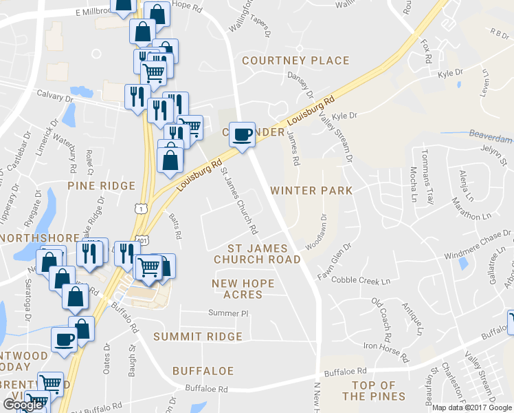 map of restaurants, bars, coffee shops, grocery stores, and more near 4320 Saint James Church Road in Raleigh