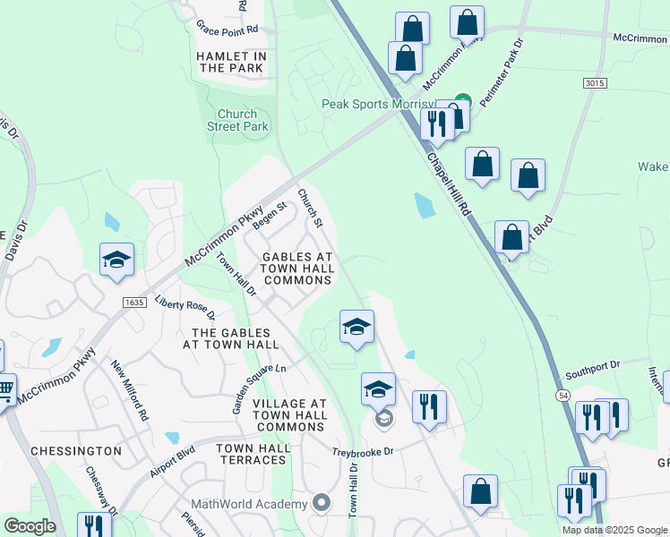 map of restaurants, bars, coffee shops, grocery stores, and more near 501 Courthouse Drive in Morrisville