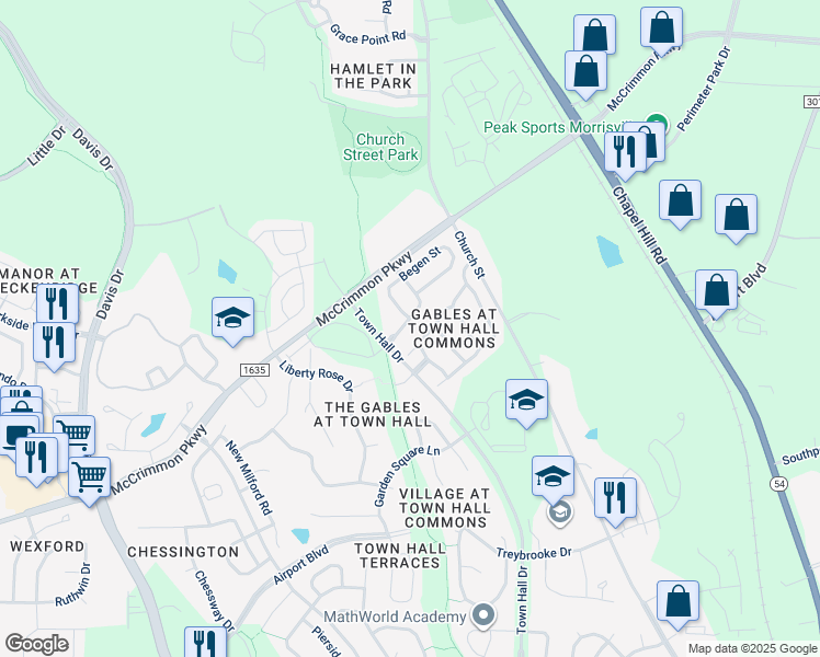 map of restaurants, bars, coffee shops, grocery stores, and more near 124 Concordia Woods Drive in Morrisville