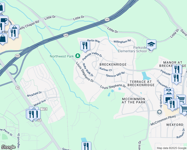 map of restaurants, bars, coffee shops, grocery stores, and more near 521 Ruby Walk Drive in Morrisville