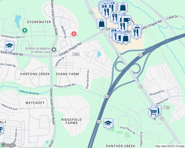 map of restaurants, bars, coffee shops, grocery stores, and more near 1514 Chirping Bird Court in Cary