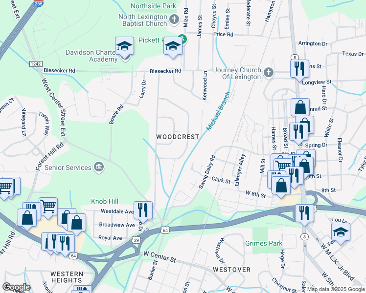 map of restaurants, bars, coffee shops, grocery stores, and more near 108 Woodhaven Drive in Lexington