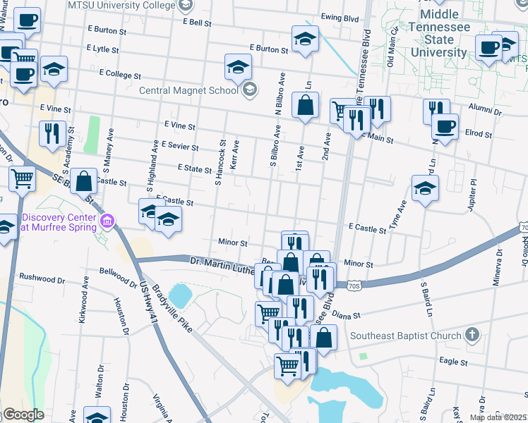 map of restaurants, bars, coffee shops, grocery stores, and more near 326 South Bilbro Avenue in Murfreesboro