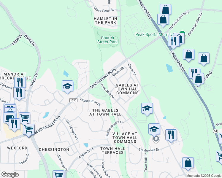 map of restaurants, bars, coffee shops, grocery stores, and more near 101 Concordia Woods Drive in Morrisville