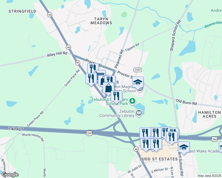 map of restaurants, bars, coffee shops, grocery stores, and more near 106 Pearces Road in Zebulon