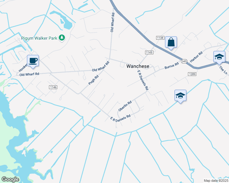 map of restaurants, bars, coffee shops, grocery stores, and more near 169 Pine Road in Wanchese