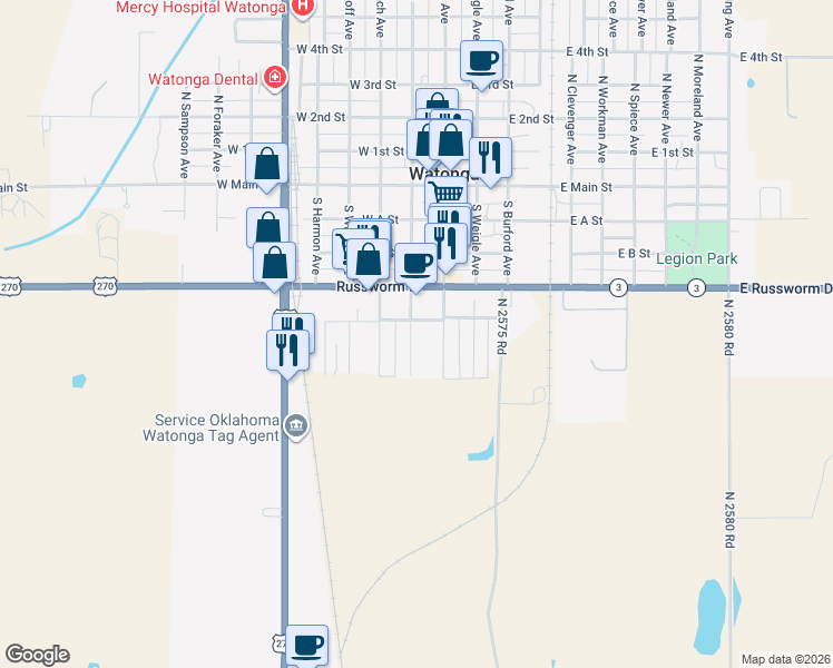 map of restaurants, bars, coffee shops, grocery stores, and more near 510 South Noble Avenue in Watonga