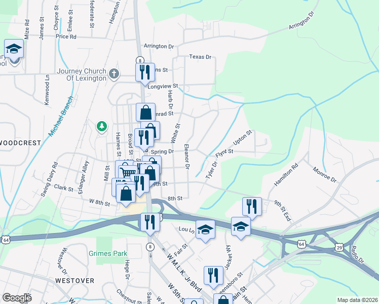 map of restaurants, bars, coffee shops, grocery stores, and more near 1011 Eleanor Drive in Lexington