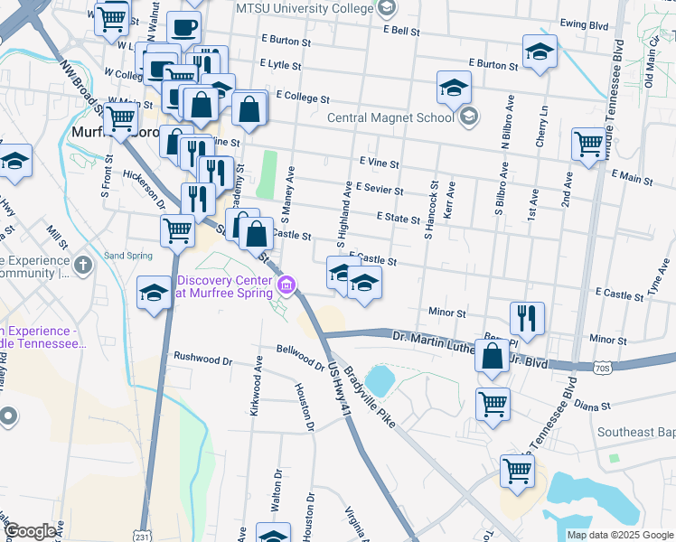 map of restaurants, bars, coffee shops, grocery stores, and more near 604 South Highland Avenue in Murfreesboro