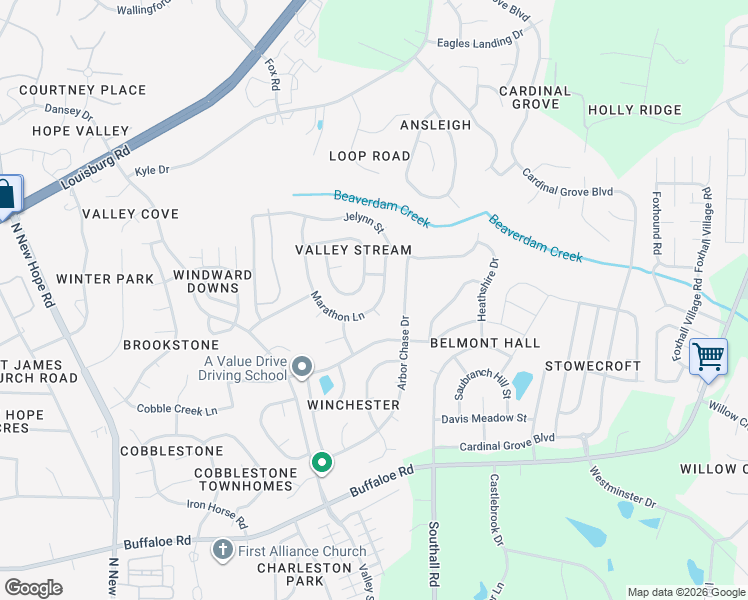 map of restaurants, bars, coffee shops, grocery stores, and more near 4801 Kaycee Court in Raleigh