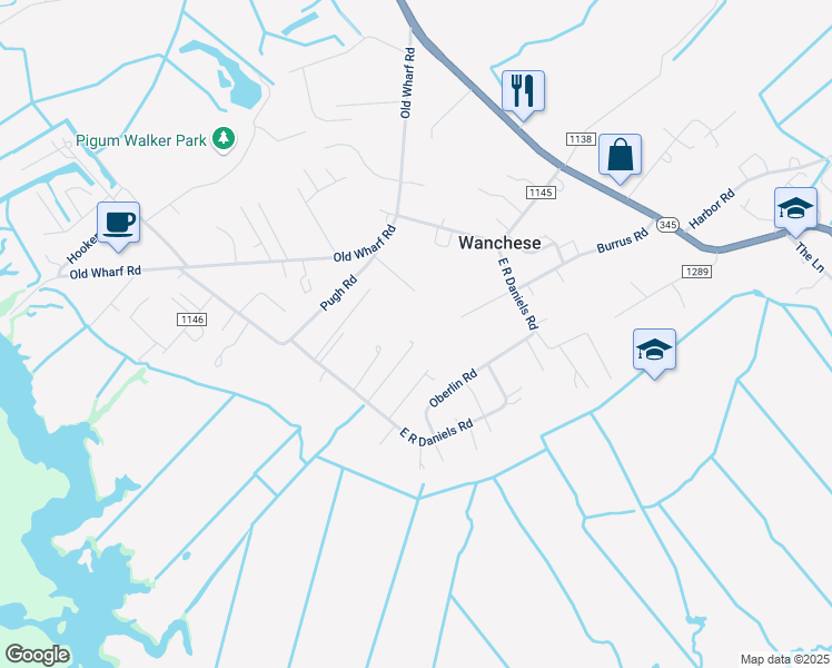 map of restaurants, bars, coffee shops, grocery stores, and more near 169 Pine Road in Wanchese