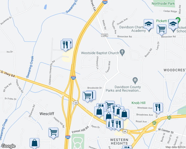 map of restaurants, bars, coffee shops, grocery stores, and more near 119 Habersham Court in Lexington