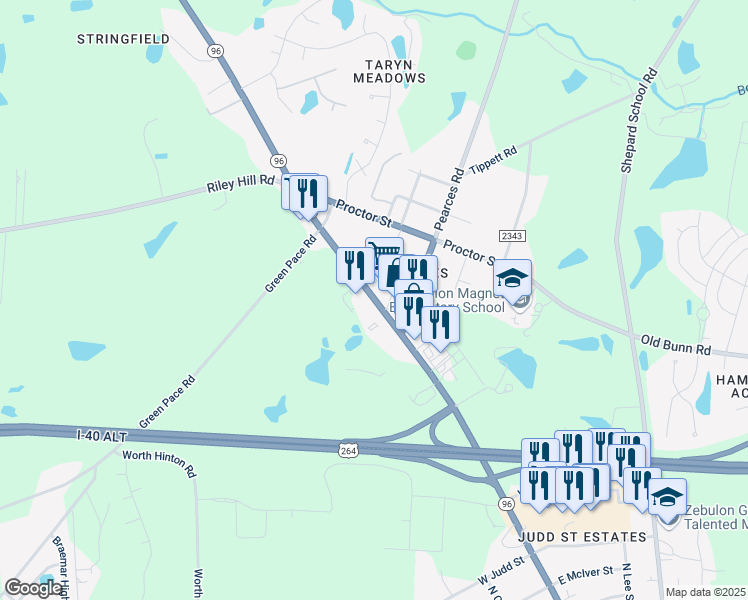 map of restaurants, bars, coffee shops, grocery stores, and more near State Highway 96 in Zebulon