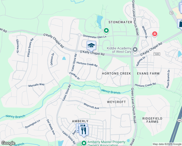 map of restaurants, bars, coffee shops, grocery stores, and more near 527 Finnbar Drive in Cary