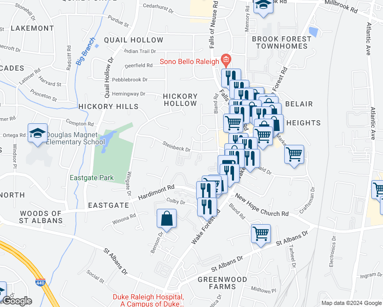 map of restaurants, bars, coffee shops, grocery stores, and more near 1320 Steinbeck Drive in Raleigh