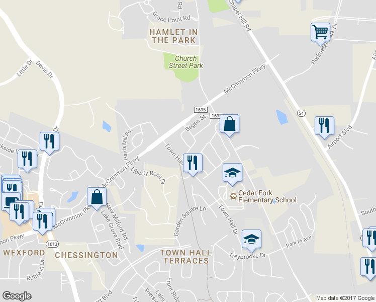map of restaurants, bars, coffee shops, grocery stores, and more near 101 Concordia Woods Drive in Morrisville
