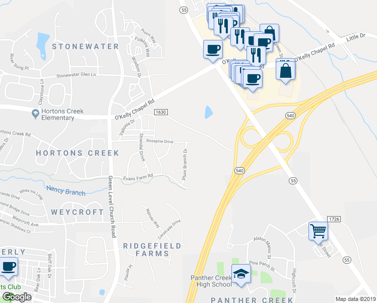 map of restaurants, bars, coffee shops, grocery stores, and more near 4132 Plum Branch Drive in Cary