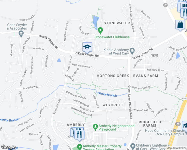 map of restaurants, bars, coffee shops, grocery stores, and more near 113 Skyros Loop in Cary