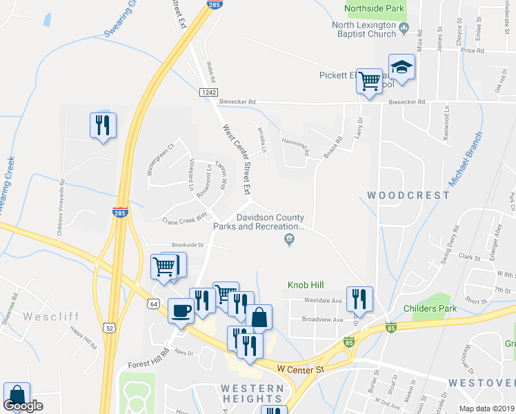 map of restaurants, bars, coffee shops, grocery stores, and more near 695 West Center Street Extension in Lexington