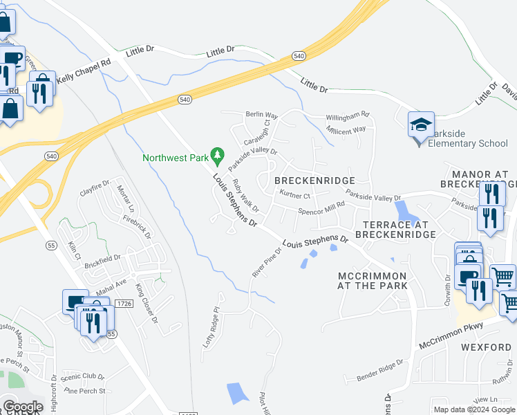 map of restaurants, bars, coffee shops, grocery stores, and more near 509 Ruby Walk Drive in Morrisville