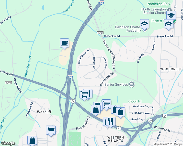 map of restaurants, bars, coffee shops, grocery stores, and more near 115 Habersham Court in Lexington