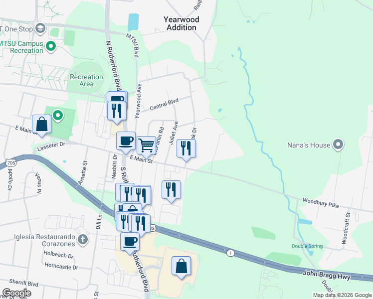 map of restaurants, bars, coffee shops, grocery stores, and more near 106 Twin Oak Drive in Murfreesboro