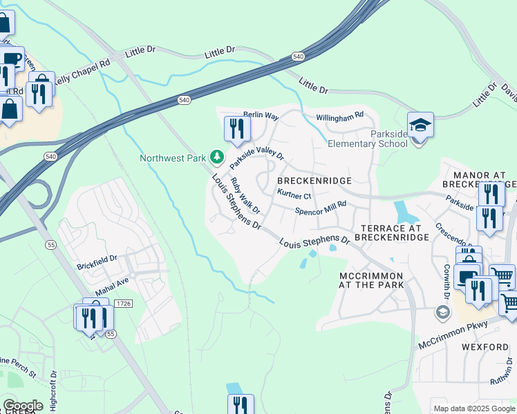 map of restaurants, bars, coffee shops, grocery stores, and more near 509 Ruby Walk Drive in Morrisville