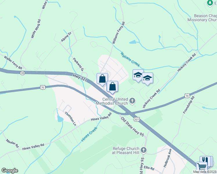 map of restaurants, bars, coffee shops, grocery stores, and more near 105 Harper Village Way in Loudon County