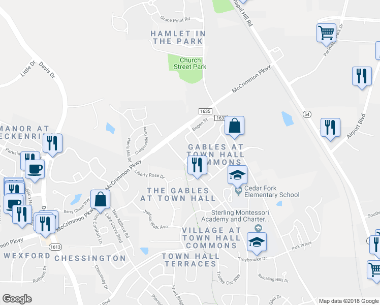 map of restaurants, bars, coffee shops, grocery stores, and more near 121 Concordia Woods Drive in Morrisville