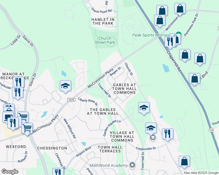 map of restaurants, bars, coffee shops, grocery stores, and more near 121 Concordia Woods Drive in Morrisville