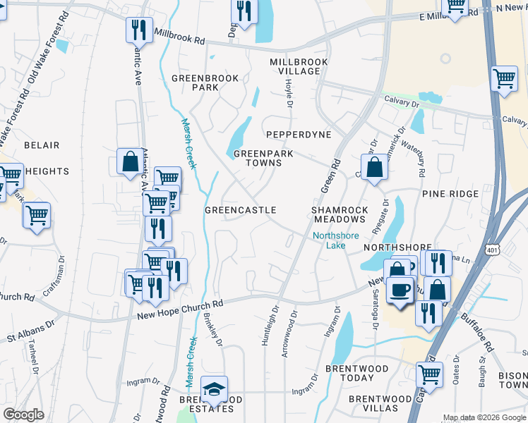 map of restaurants, bars, coffee shops, grocery stores, and more near 4225 Greencastle Court in Raleigh